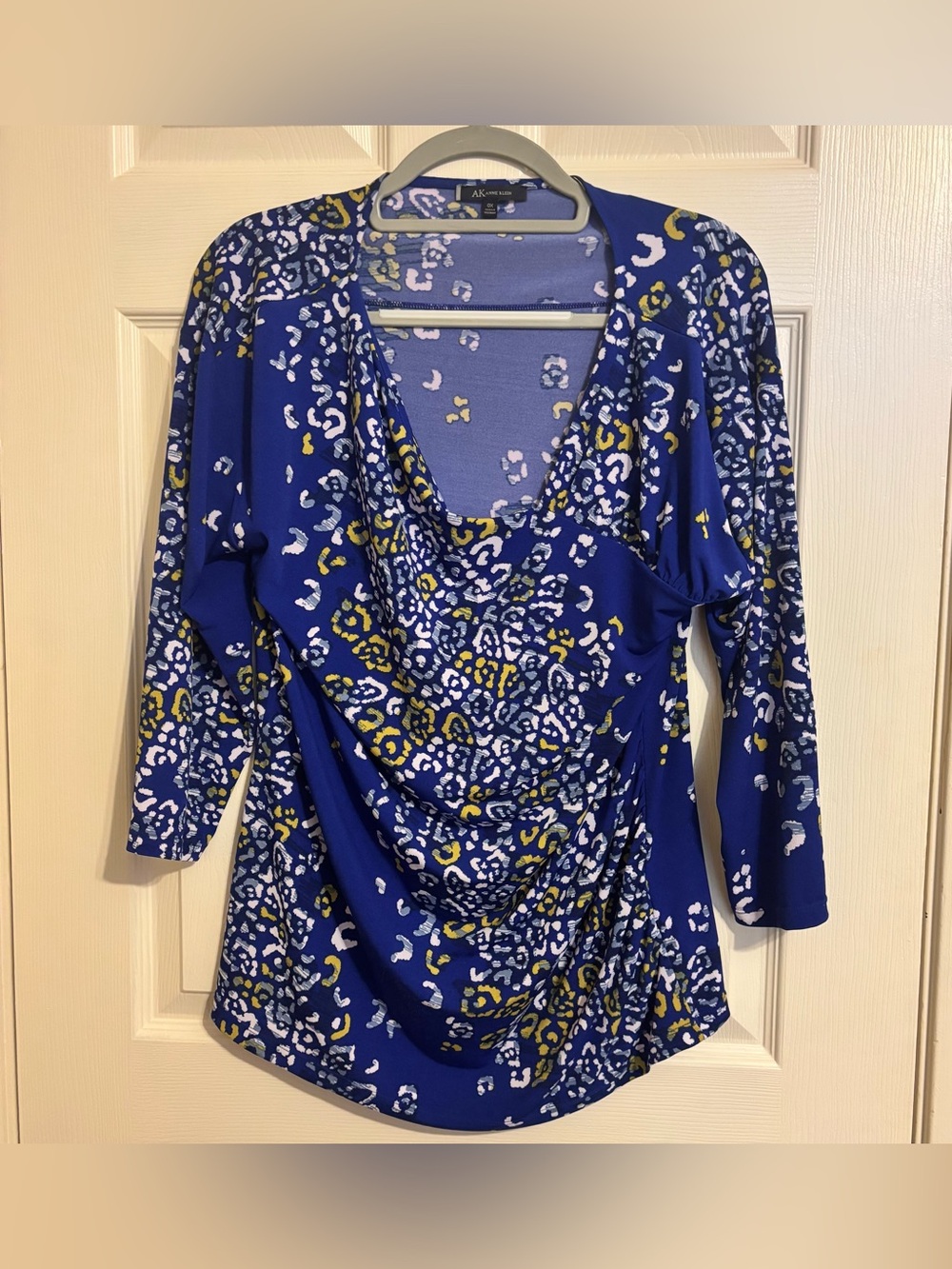 Anne Klein Womens Plus Size 0X Blue Abstract Leopard Faux Wrap Ruched Top Blouse